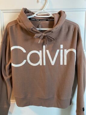 Calvin Klein Cropped Performance Taupe Logo Cowl Pullover